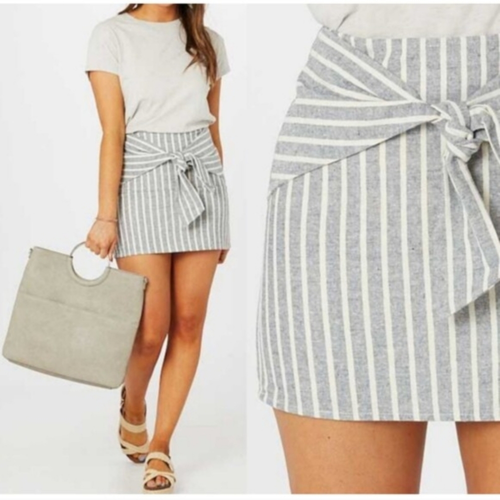 Altar'd State Blue and White Striped Mini Skirt Bow Tie Front Medium